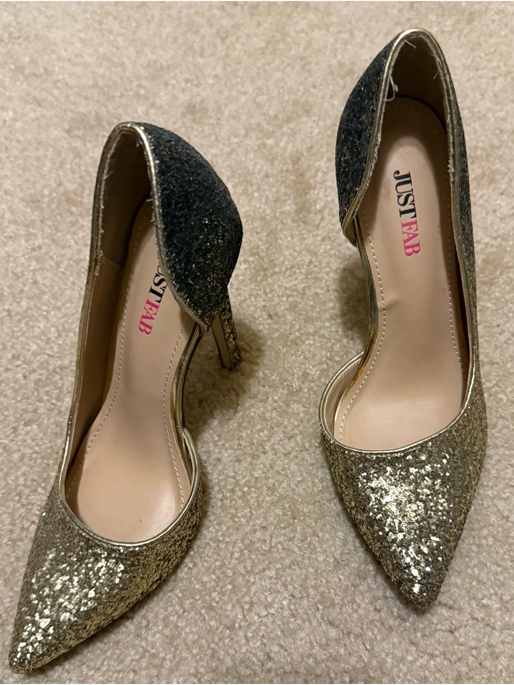 JustFab Gold and Black Glitter D'Orsay Pointed Heels